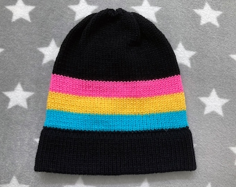 Knit Pansexual Pride Hat | Black Slouchy Beanie | Lightweight Acrylic