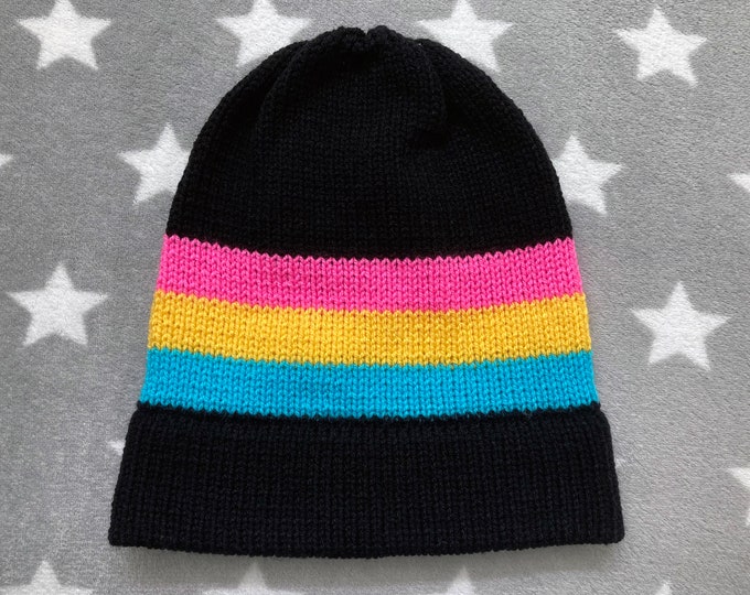 Knit Pansexual Pride Hat | Black Slouchy Beanie | Lightweight Acrylic