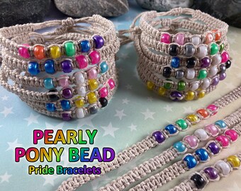 Hemp Pride Bracelet - Pearly Mini Pony Beads - 1 Bracelet - 12 Different Flag Options (Pick 1!) - 6 to 10 Inches Adjustable Slide Knot