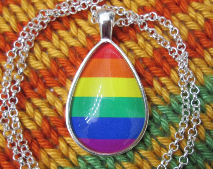 LGBT Rainbow Pride Flag Pendant Necklace | Silver Teardrop | Rolo Chain
