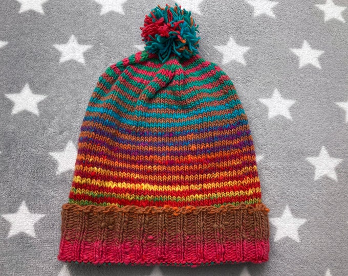 Handknit Noro Hat - Bright Rainbow Stripes - Slouchy Knit Hat - 100% Wool