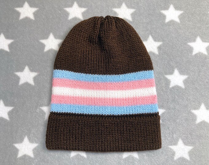 Knit Trans Pride Hat | Brown Slouchy Beanie | Acrylic