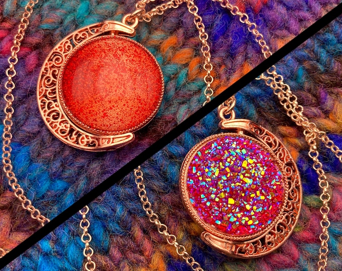 Spinner Moon Necklace | Rose Gold & Red Gems | Stim Jewelry | Large 1.5" Pendant