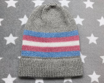 Knit Trans Pride Hat | Heathered Light Sandy Grey | Slouchy Beanie | Soft & Warm Acrylic