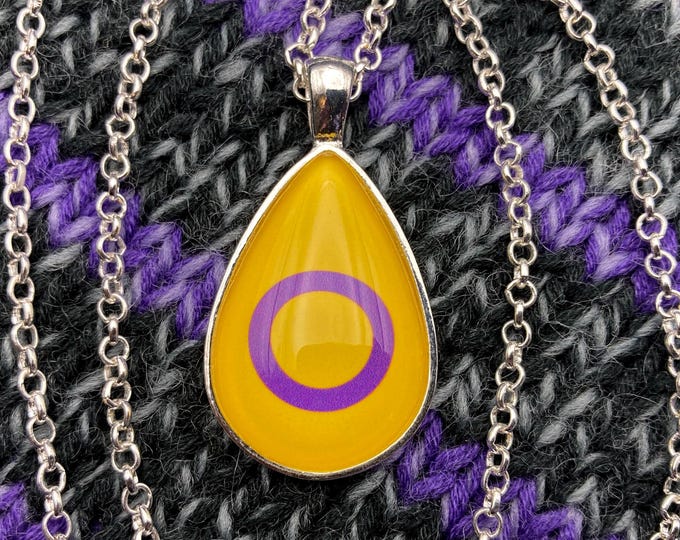 Intersex Pride Flag Pendant Necklace | Silver Teardrop | Rolo Chain