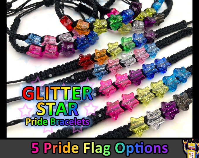 Glitter Star Hemp Pride Bracelet - Rainbow, Trans, Bi, Pan, Nonbinary Flag - 1 Bracelet - 6 to 10 Inches Adjustable Slide Knot