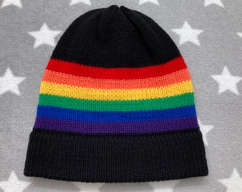 Knit Pride Hat - LGBT Rainbow - Black Slouchy Beanie - Acrylic