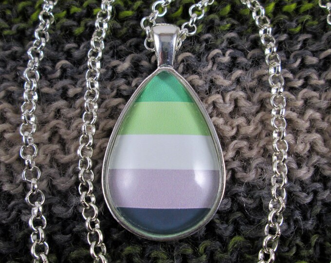 Aromantic Pride Flag Pendant Necklace | Silver Teardrop | Rolo Chain