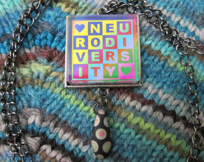 Neurodiversity Necklace | Dark Rainbow | Square Checker Design with Bead