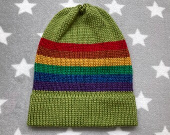 Knit Pride Hat - LGBT Rainbow - Heathered Spring Green - Slouchy Beanie - Acrylic
