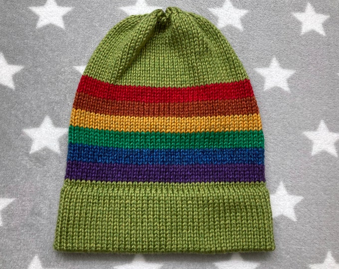 Knit LGBT Rainbow Pride Hat | Heathered Spring Green | Slouchy Beanie | Soft & Warm Acrylic