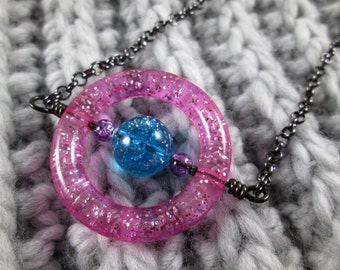 Saturn Spinner Pendant Necklace | Pink Blue Purple Glitter | Long Chain
