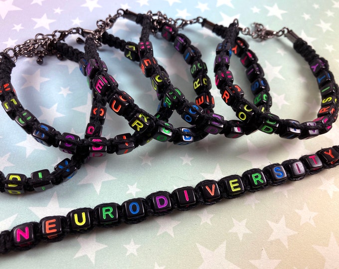 Hemp Bracelet - "NEURODIVERSITY" - Rainbow Alphabet Beads - Black Hemp - 1 Bracelet (Assorted Rainbow Colors) - Chain or Slide Knot Closure