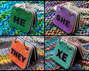 Genderfluid Pronouns Necklace | He She They Xe | Green Purple Orange Mint | Silver Rolo Chain
