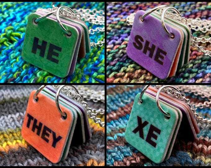 Genderfluid Pronouns Necklace | He She They Xe | Green Purple Orange Mint | Silver Rolo Chain