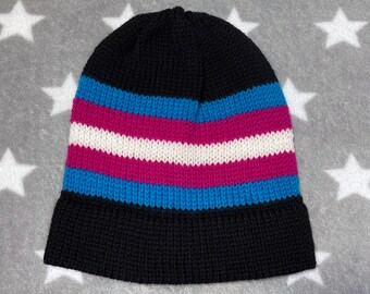 100% Wool Knit Pride Hat - Trans Pride - Vivid Colors - Black