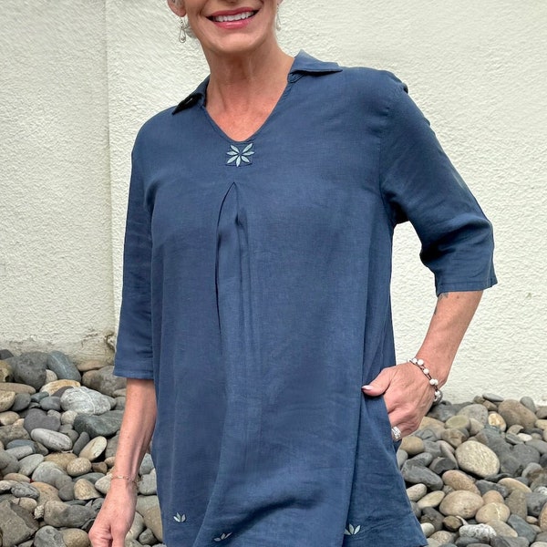 Daniela Tunic in Teal. Hand embroidered floral rayon/linen blend top from Mexico.