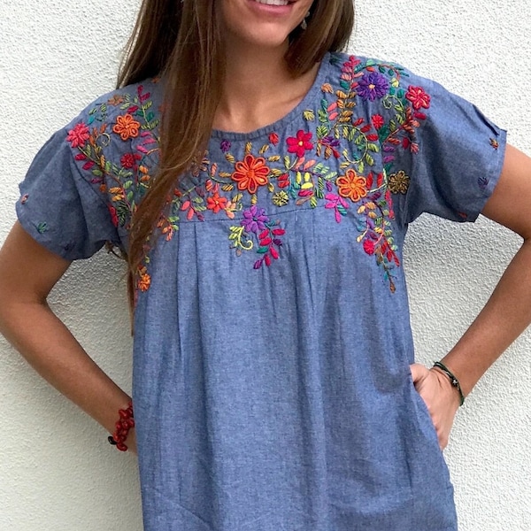 Margarita Chambray Blossoms Dress. Hand embroidered colorful floral design. Made in Mexico. XS-XXL