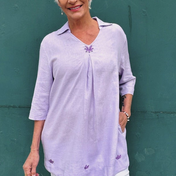 Daniela Tunic in Lilac. Hand embroidered floral rayon/linen blend top from Mexico.