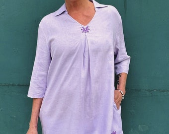 Daniela Tunic in Lilac. Hand embroidered floral rayon/linen blend top from Mexico.