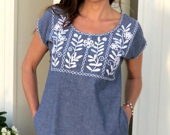 Lilia Blue and White Ivy Dress. Chambray everyday shift with white hand embroidery. XS-XXL. Made in Mexico