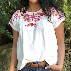 Ximena Fiesta Blouse. Mexican multi-color floral hand embroidered blouse. S-XXL