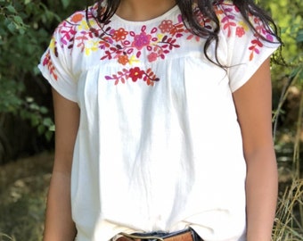 Ximena Fiesta Blouse. Mexican multi-color floral hand embroidered blouse. S-XL