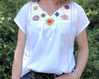 Hand Embroidered Floral Chambray Blouse: Made in Mexico