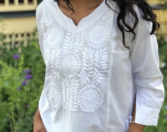 Pascuala Traditional Mexican Blouse. White cotton with white floral embroidery. Made in Mexico. XS-XXL