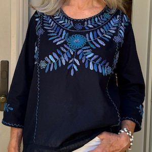 Clavel Indigo Blouse. Blue cotton with hand embroidery in blue mix. Made in Mexico. S-2X