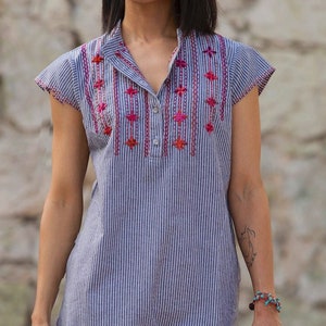 Nova Pinstripe Shift. Hand embroidered cotton everyday dress. XS-XXL