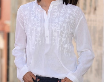 Magdalena Vining Tunic - White. Mexican floral hand embroidered blouse. Made in Mexico. XS-XXL