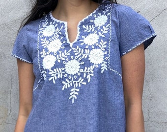 Mariana Blue Floral Shift. White floral hand embroidery. Made in Mexico. S-XXL