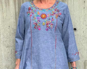 Florentina Blue Floral Tunic. Vibrant floral hand embroidery from Mexico. XS-2X