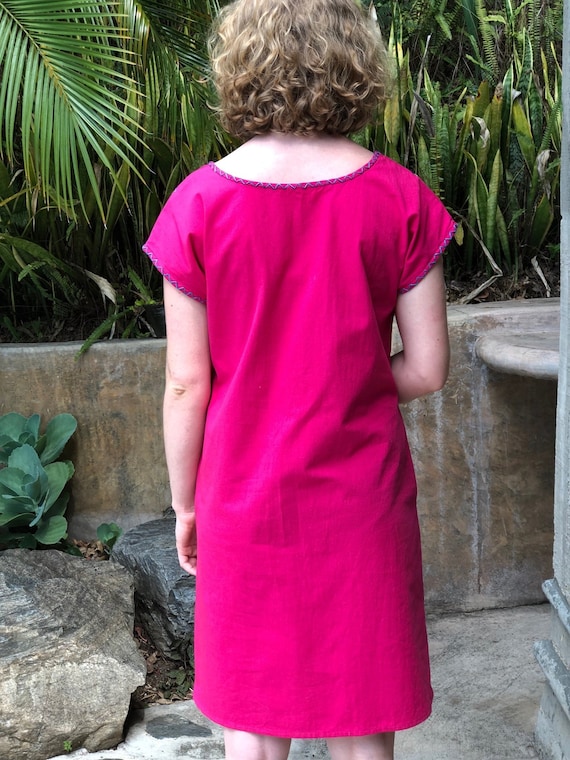 Fuchsia Floral Embroidered Cotton Shift Dress: Made in Mexico Fuchsia Floral Embroidered Cotton Shift Dress: Made in Mexico