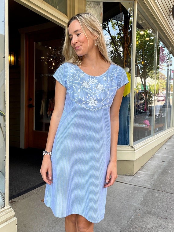 green emerald velvet dress Radiant Embroidered Shift Dress L / Navy