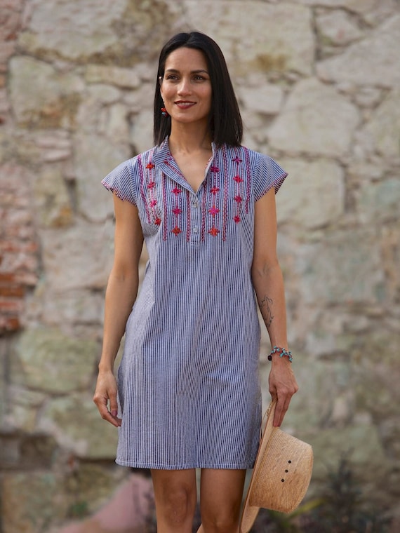 embroidered cotton shift dress Nova Pinstripe Shift. Hand embroidered cotton everyday dress. XS-XXL
