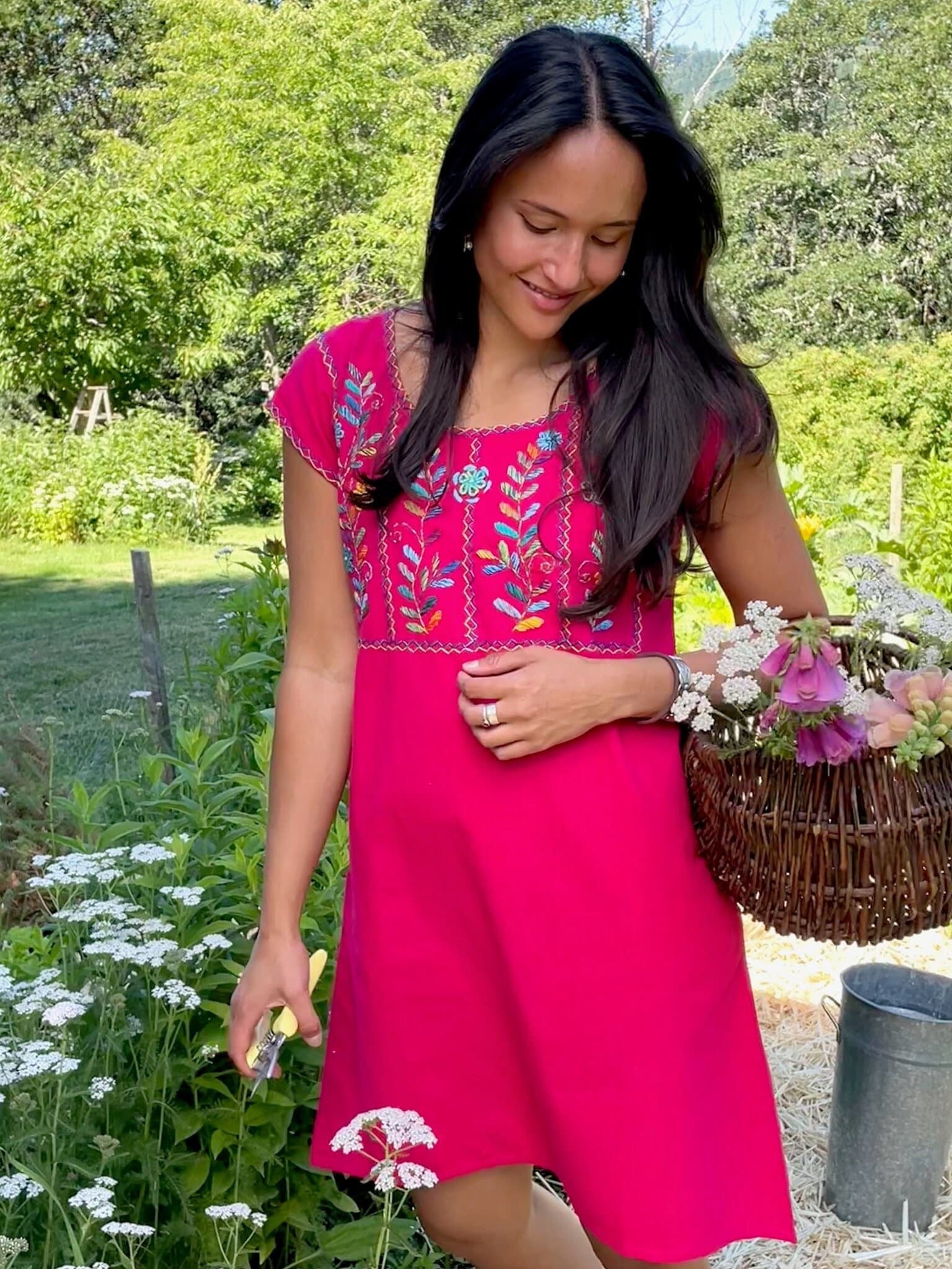 Fuchsia Floral Embroidered Cotton Shift Dress: Made in Mexico Fuchsia Floral Embroidered Cotton Shift Dress: Made in Mexico