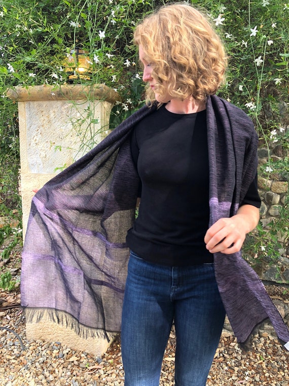 Châle / Rebozo Mexicain Tissé Main - Bleu & Beige - En Coton - Franges