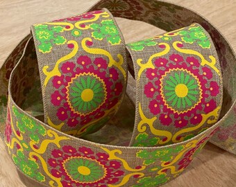 Pink Green and Yellow printed Wired Ribbon, Ribbon by the Yard, Craft Ribbon