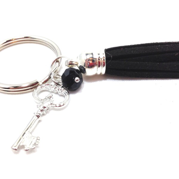 Silver Keychain, Leather Suede Keychain, Black Tassel with Black Bead and Key charm