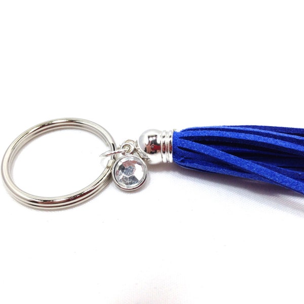 Silver keychain, Leather Suede Keychain, Royal Blue Tassel with Silver Rhinestone Bead, Keychain