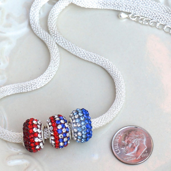 CLEARANCE Patriotic, 4th of July Necklace, European Style Beads, Red White and Blue, Silver Necklace, Adjustable Necklace Gift For Her