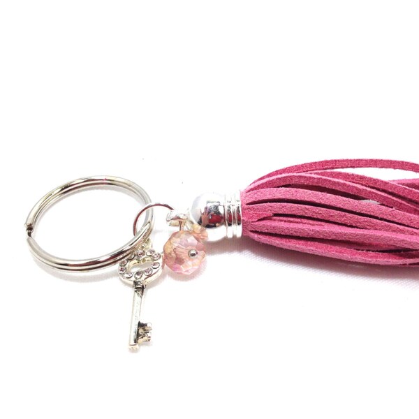 Silver keychain, Leather Suede Keychain, Light Pink Tassel with Light Pink Glass Bead, Key with Rhinestones charm, Keychain