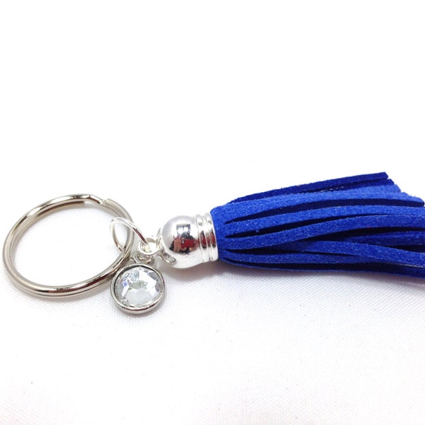 Silver keychain, Leather Suede Keychain, Royal Blue Tassel with Silver Rhinestone Bead, Keychain