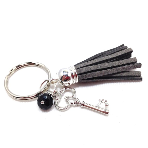 Silver Keychain, Leather Suede Keychain, Grey Tassel with Black Bead and Key charm