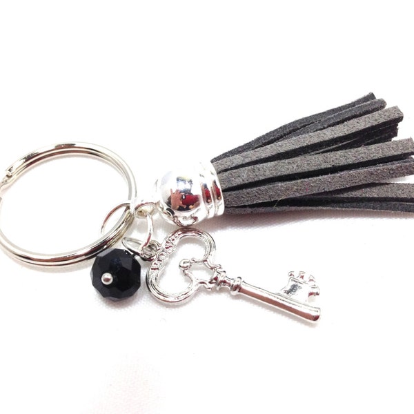 Silver Keychain, Leather Suede Keychain, Grey Tassel with Black Bead and Key charm