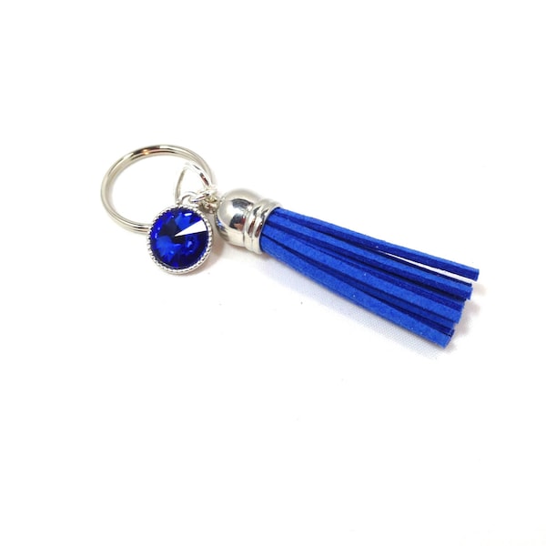 Keychain, Key Chain, Key Fob, Leather Suede Keychain, Royal Blue Tassel with Royal Blue Crystal Charm, Silver Keychain, Gift