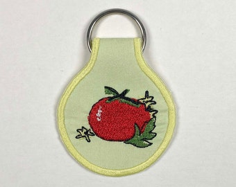 Tomato Scrap Fabric Patch Keychain. Embroidered Tomato Keychain.