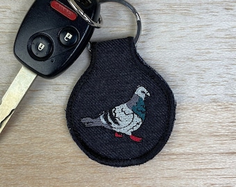 Pigeon Scrap Fabric Patch Keychain. Embroidered Pigeon Keychain.